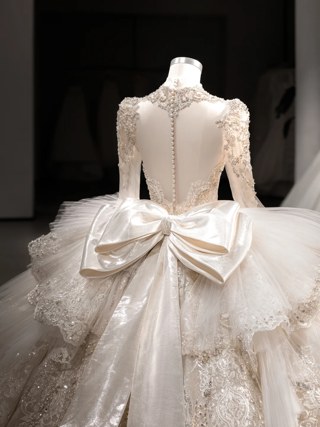 Luxurious Ball Gown Tulle Lace Sequin Beaded Long Sleeves With Veil Long Wedding Dresses - View 3 | FashionDia