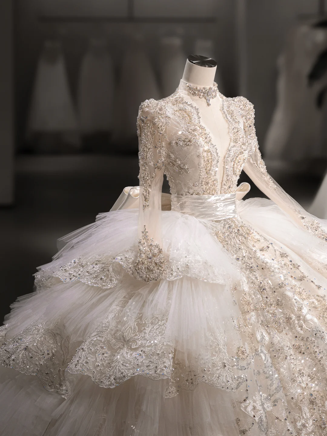 Luxurious Ball Gown Tulle Lace Sequin Beaded Long Sleeves With Veil Long Wedding Dresses - View 4 | FashionDia