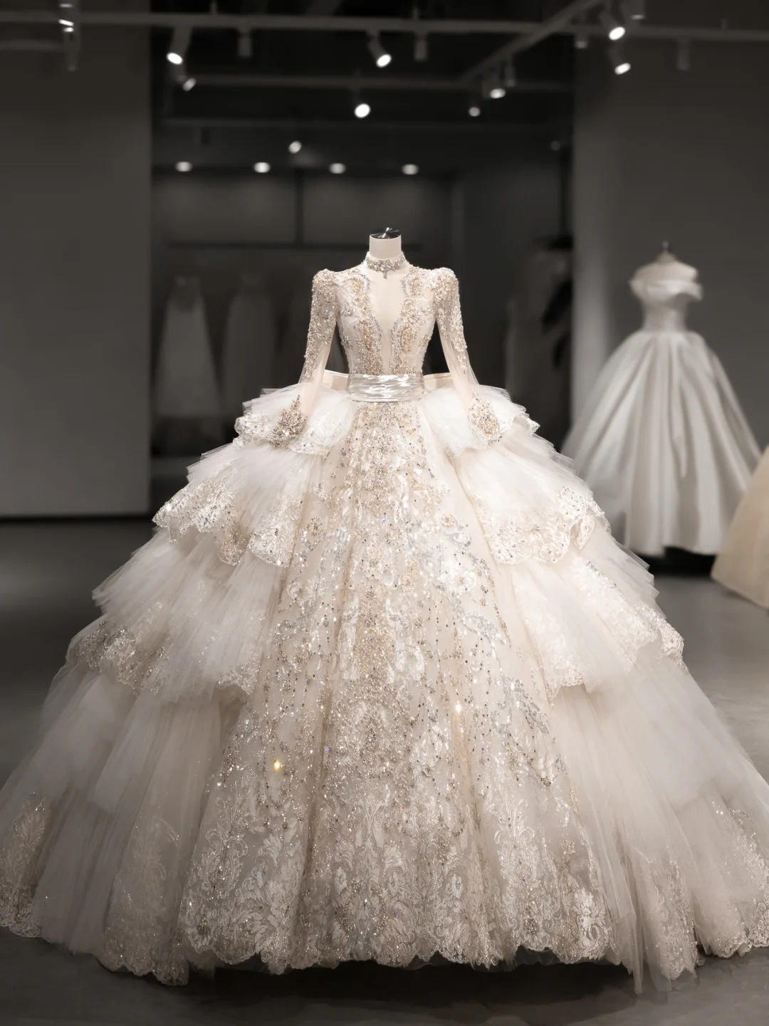 Luxurious Ball Gown Tulle Lace Sequin Beaded Long Sleeves With Veil Long Wedding Dresses - View 5 | FashionDia