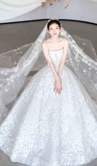 Dreamy White Ball Gown Starpless Tulle Lace With Veil Long Wedding Dresses