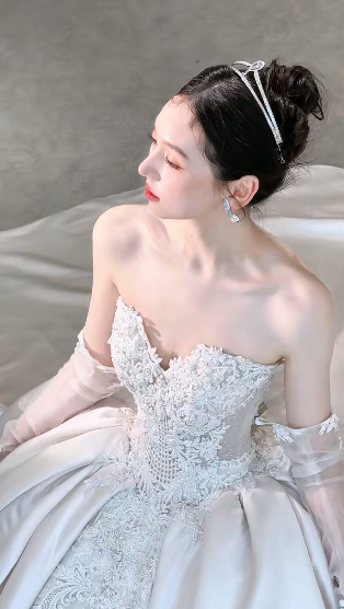 Timeless Ball Gown Starpless Satin Tulle Applique With Veil Long Wedding Dresses - View 4 | FashionDia