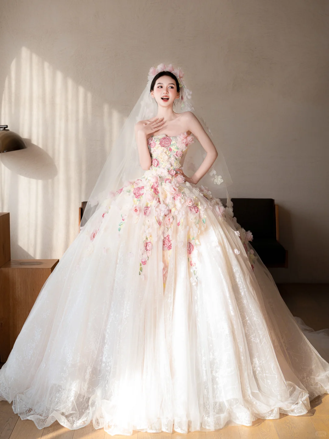 Dreamy Ball Gown Strapless Tulle Applique With Veil Long Wedding Dresses - View 4 | FashionDia