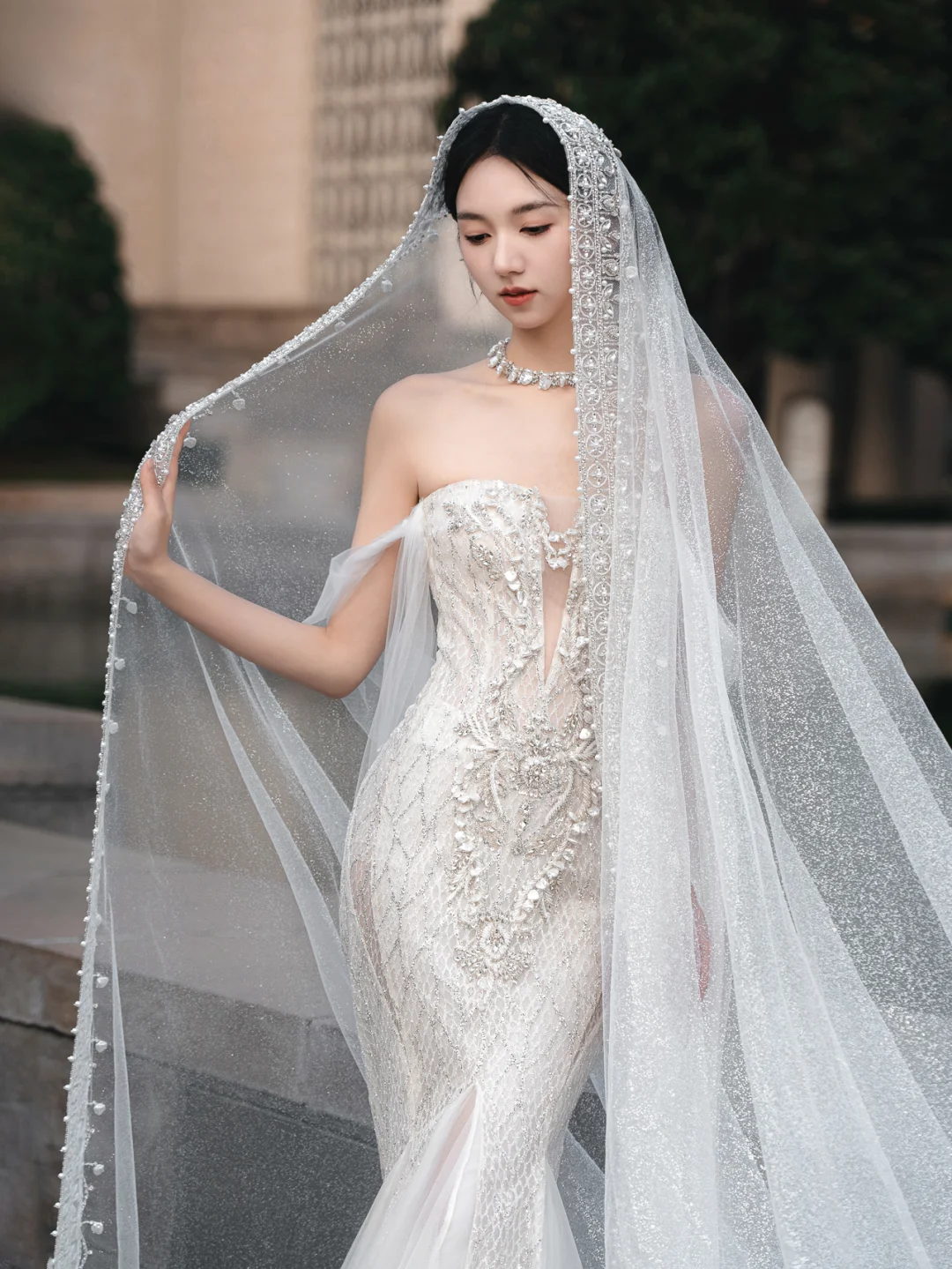Gorgeous Mermaid Off-the-Shoulder Tulle Lace Beaded With Veil Long Wedding Dresses - View 3 | FashionDia