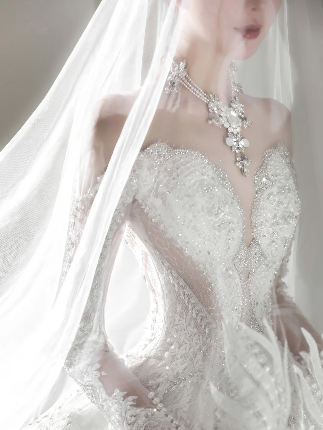 Timeless Ball Gown Off-the-Shoulder Tulle Lace Beaded Long Sleeves Long Wedding Dresses - View 2 | FashionDia