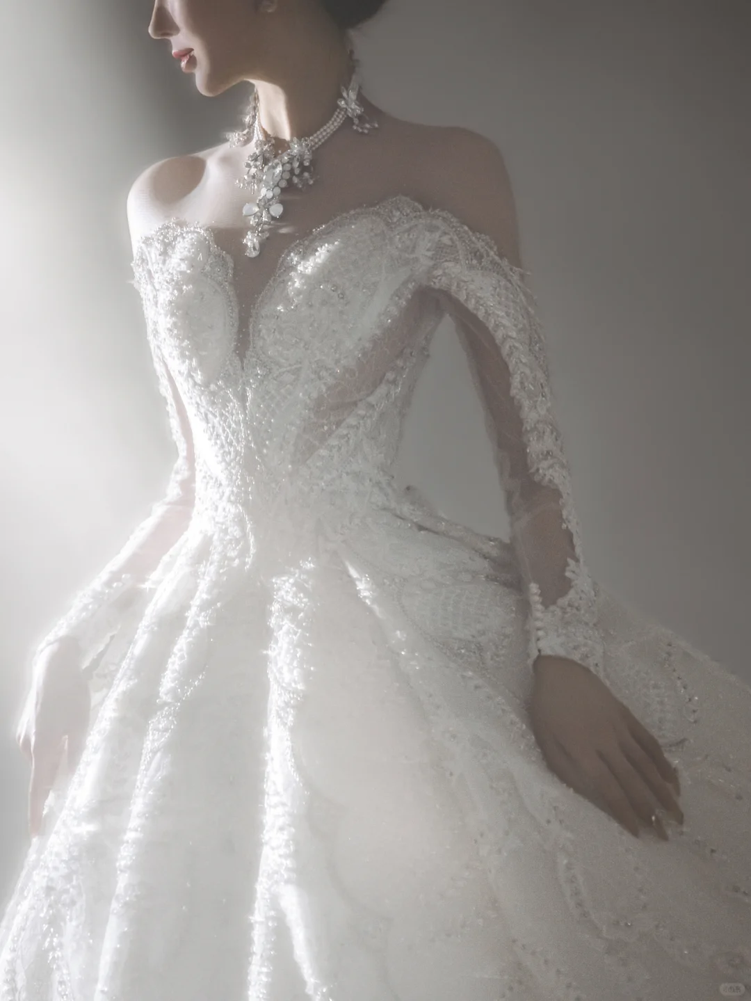 Timeless Ball Gown Off-the-Shoulder Tulle Lace Beaded Long Sleeves Long Wedding Dresses - View 3 | FashionDia