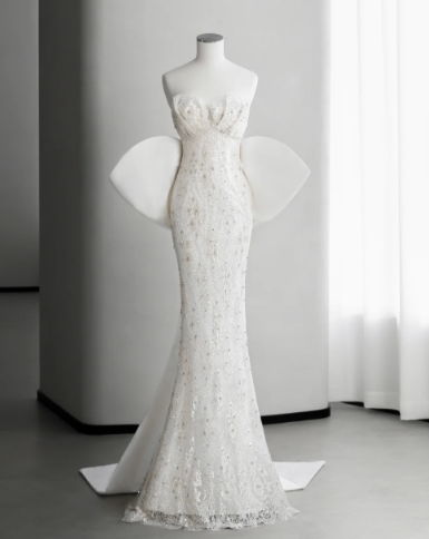 Chic Mermaid Strapless Satin Lace Beaded Back With Bow Long Wedding Dresses