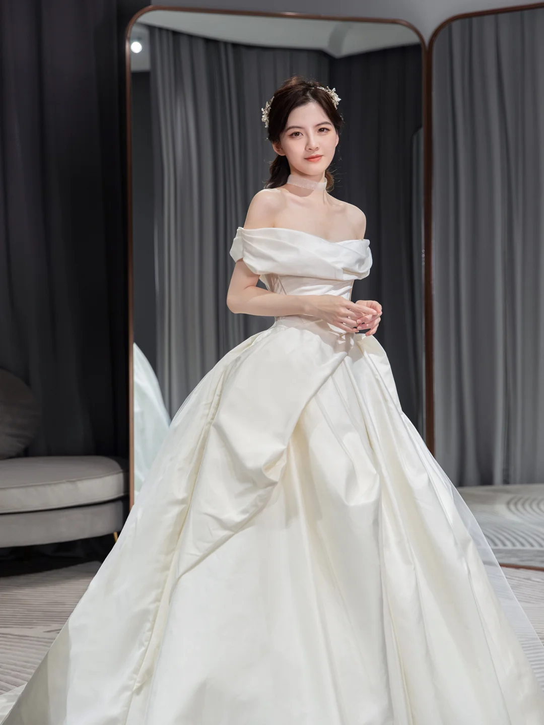 Simple Classy Ball Gown Off The Shoulder Satin Long Wedding Dresses
