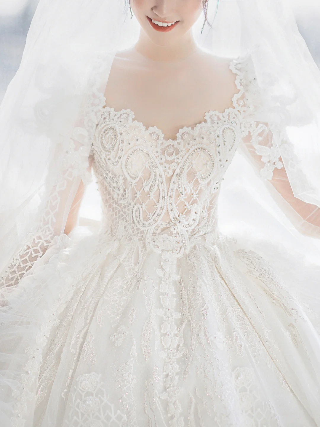 Timeless Ball Gown Tulle Lace Applique Long Sleeves With Veil Long Wedding Dresses - View 2 | FashionDia