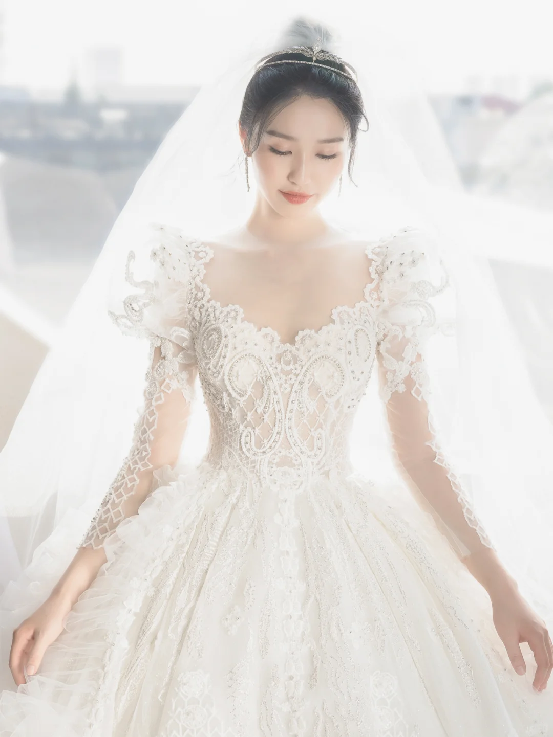 Timeless Ball Gown Tulle Lace Applique Long Sleeves With Veil Long Wedding Dresses - View 4 | FashionDia