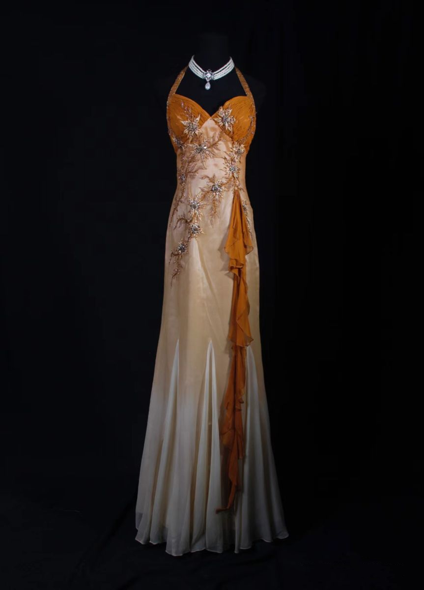 Retro Halter Ombre Orange Satin Beaded Mermaid Evening Dress Long Birthday Party Gown - FashionDia