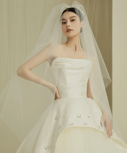 Elegant Ball Gown Strapless Satin Tulle Beaded With Veil Long Wedding Dresses - View 3 | FashionDia
