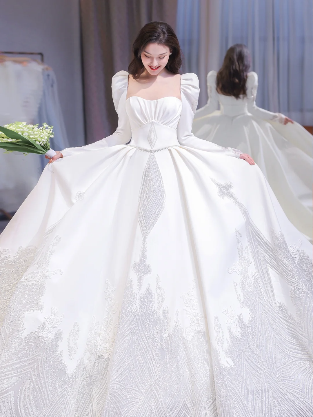 Elegant Ball Gown Square SatinLong Sleeves Long Wedding Dresses