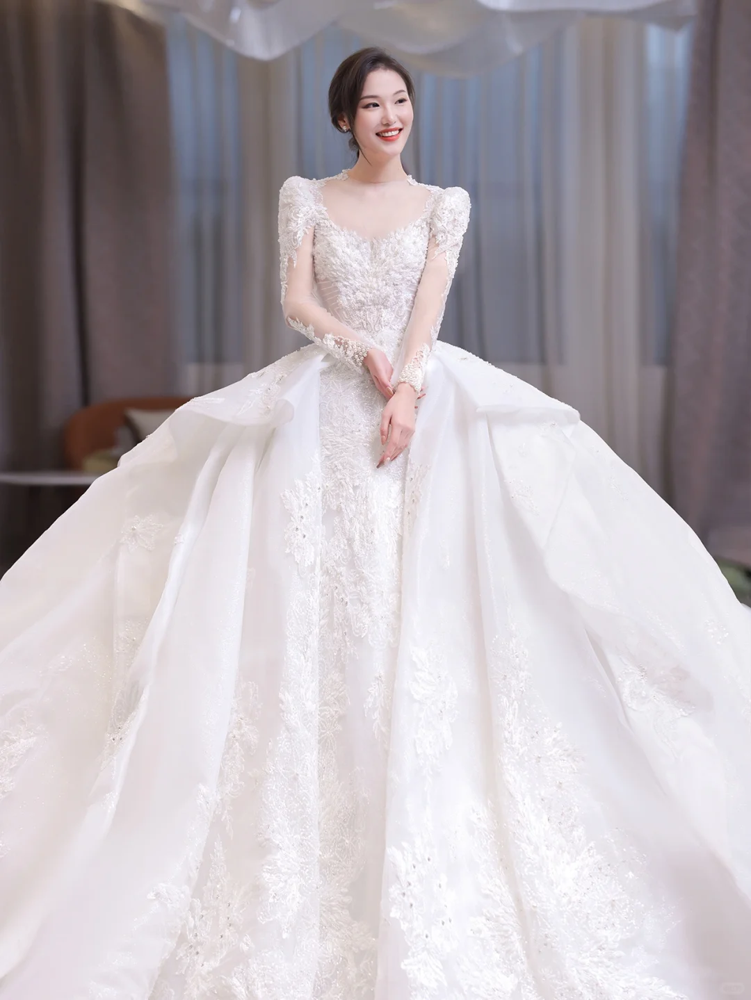 Timeless Ball Gown Satin Tulle Applique Beaded Long Sleeves Long Wedding Dresses