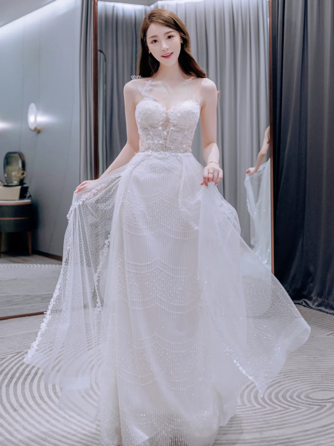 Pretty A Line One Shoulder Tulle Applqiue Long Wedding Dresses