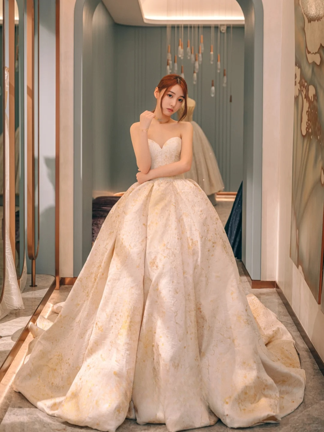 Dreamy Ball Gown Strapless Satin Beaded Long Wedding Dresses