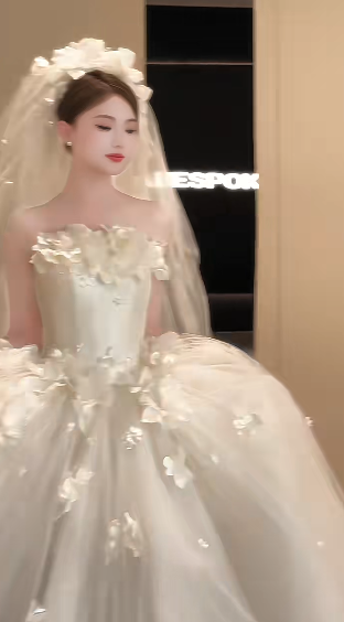 Pretty Ball Gown Strapless Satin Tulle Applique With Veil Long Wedding Dresses - View 2 | FashionDia