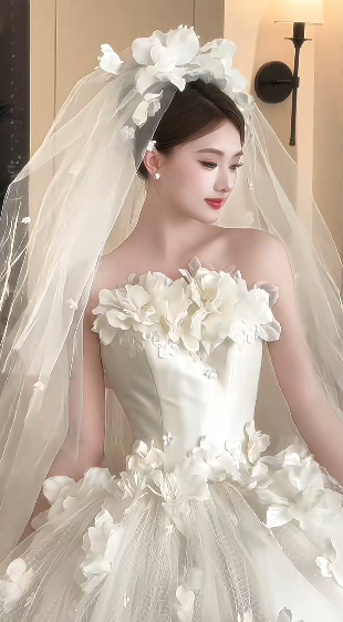 Pretty Ball Gown Strapless Satin Tulle Applique With Veil Long Wedding Dresses - View 3 | FashionDia