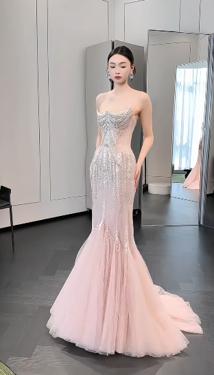 Timeless Mermaid Starpless Tulle Sequin Beaded Long Wedding Dresses