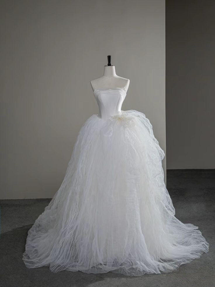Unique Ball Gown Strapless Satin Tulle Long Wedding Dresses