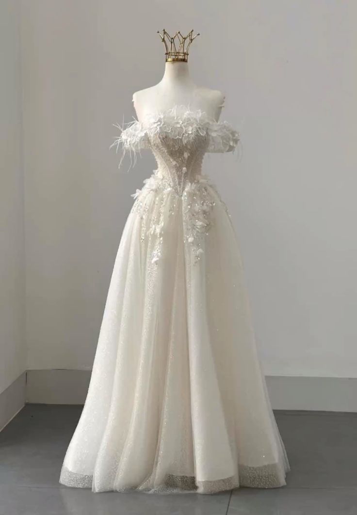 Unique A Line Off The Shoulder Tulle Sequin Applique Feather Long Wedding Dresses