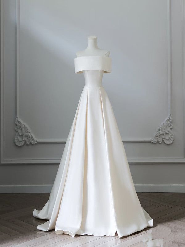 Elegant A Line Strapless Satin Back With Bow Long Wedding Dresses