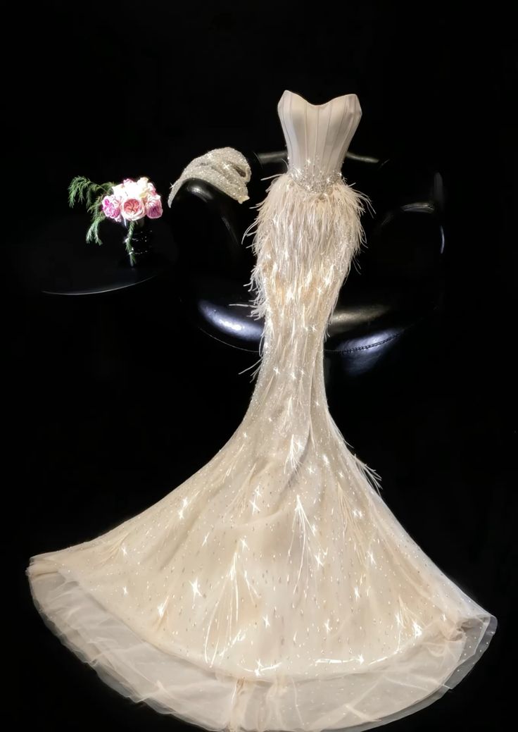 Unique Mermaid Strapless Satin Tulle Feather Long Wedding Dresses