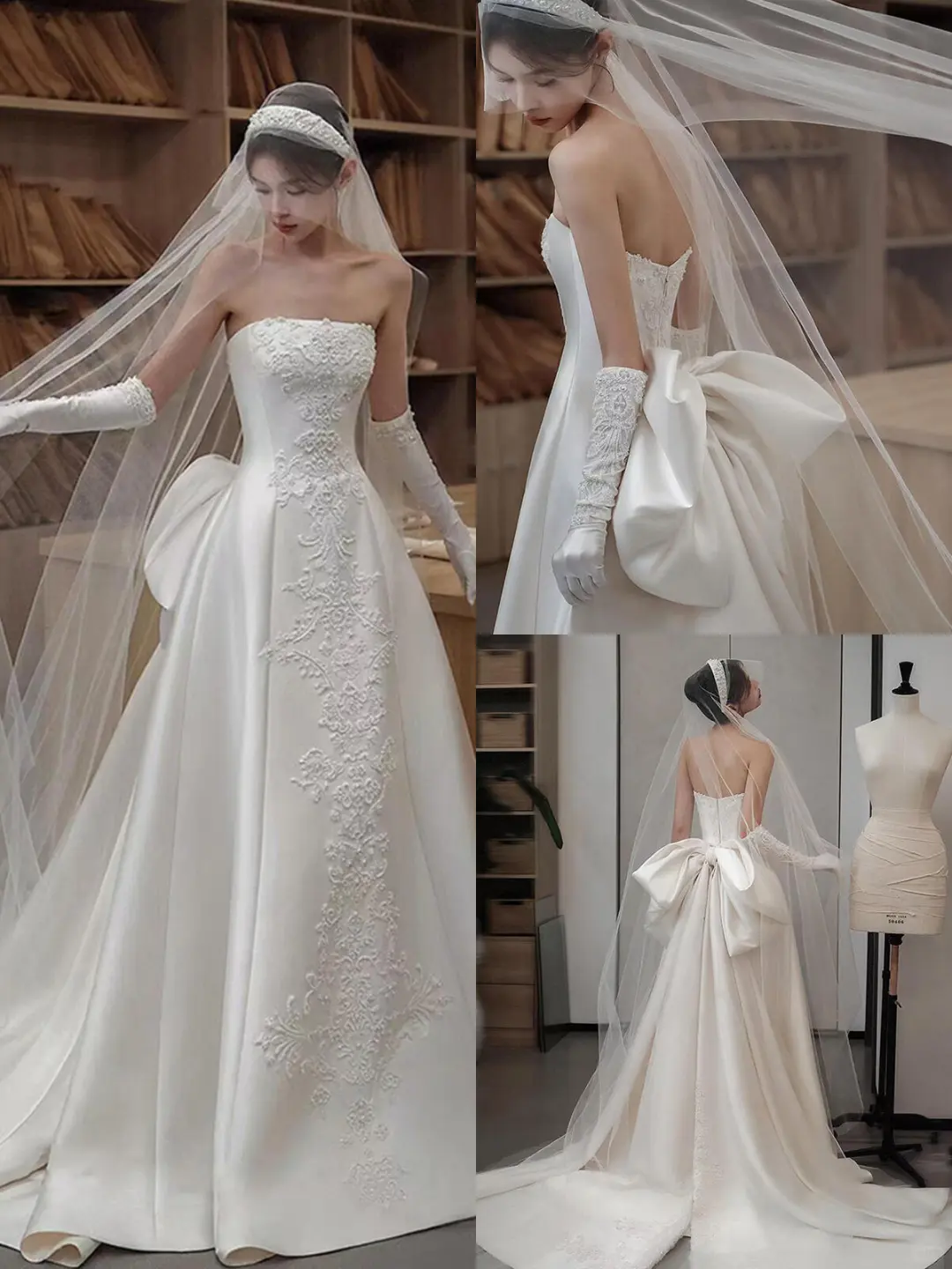 Elegant A Line Strapless Satin Applique With Veil Gloves Long Wedding Dresses
