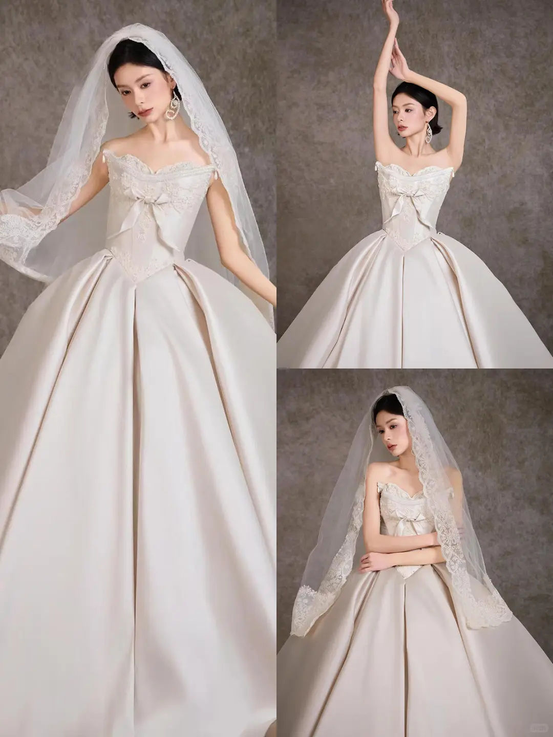 Classy Ball Gown Strapless Satin Lace With Veil Long Wedding Dresses