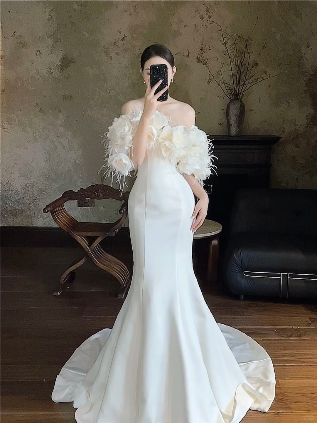 Unique Mermaid Off The Shoulder Satin Applique Long Wedding Dresses