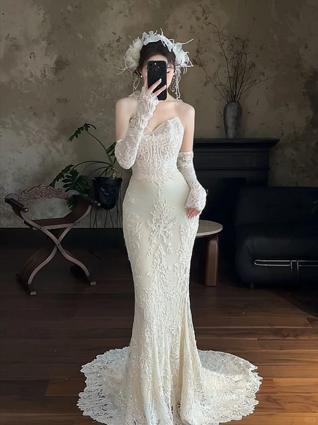 Vintage Mermaid Strapless Satin Lace Applique With Veil Long Wedding Dresses