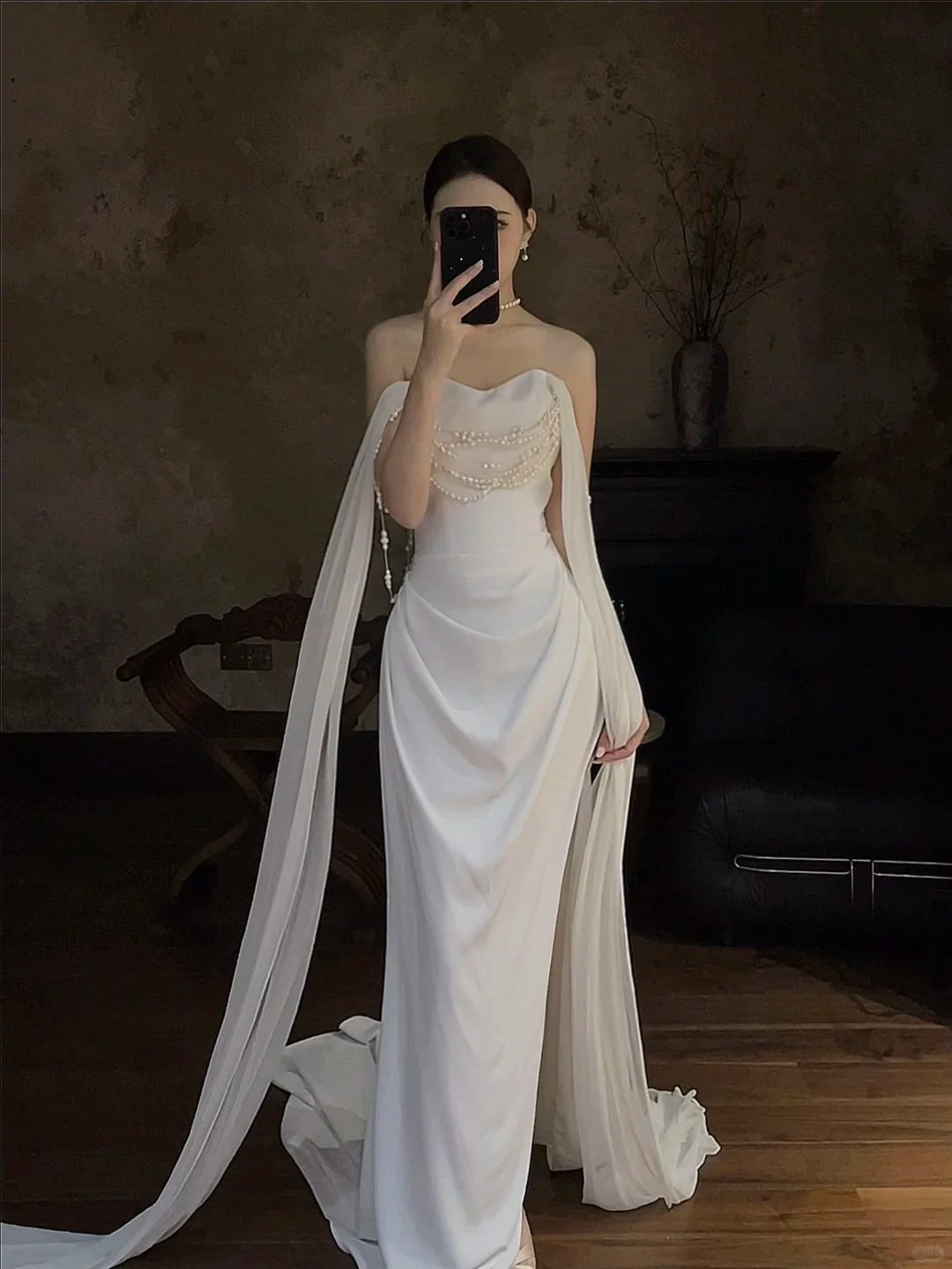 Elegant Mermaid Strapless Satin Beaded Slit Long Wedding Dresses