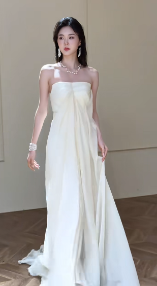 Unique A Line Strapless Satin Chiffon Long Wedding Dresses