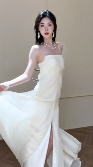 Unique A-Line Strapless Satin Chiffon Long Wedding Dresses - View 2 | FashionDia
