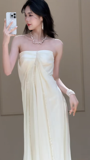 Unique A-Line Strapless Satin Chiffon Long Wedding Dresses - View 3 | FashionDia