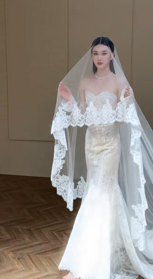 Timeless Mermaid Sweetheart Tulle Lace With Gloves Veil Long Wedding Dresses - View 2 | FashionDia