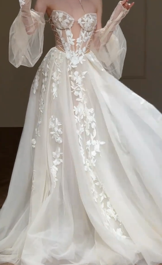 Unique A Line Off The Shoulder Tulle Applique Long Sleeves Long Wedding Dresses