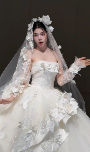 Gorgeous Ball Gown Strapless Satin Tulle Applique With Sleeves Veil Long Wedding Dresses - View 2 | FashionDia