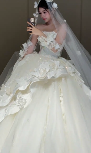Gorgeous Ball Gown Strapless Satin Tulle Applique With Sleeves Veil Long Wedding Dresses - View 3 | FashionDia