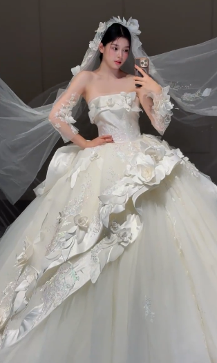 Gorgeous Ball Gown Strapless Satin Tulle Applique With Sleeves Veil Long Wedding Dresses - View 4 | FashionDia