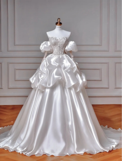Vintage Ball Gown Off The Shoulder Satin Sequin Beads Long Wedding Dresses