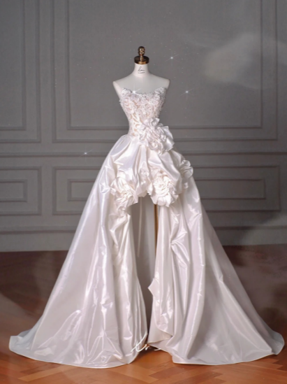 Chic Ball Gown Strapless Satin Floral Long Wedding Dresses