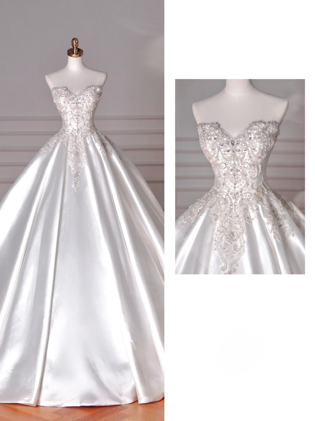 Dreamy Ball Gown Strapless Satin Sequin Beads Long Wedding Dresses