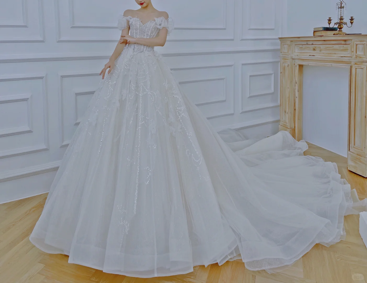 Pretty Ball Gown Off-the-Shoulder Tulle Sequin With Veil Long Wedding Dresses - View 2 | FashionDia