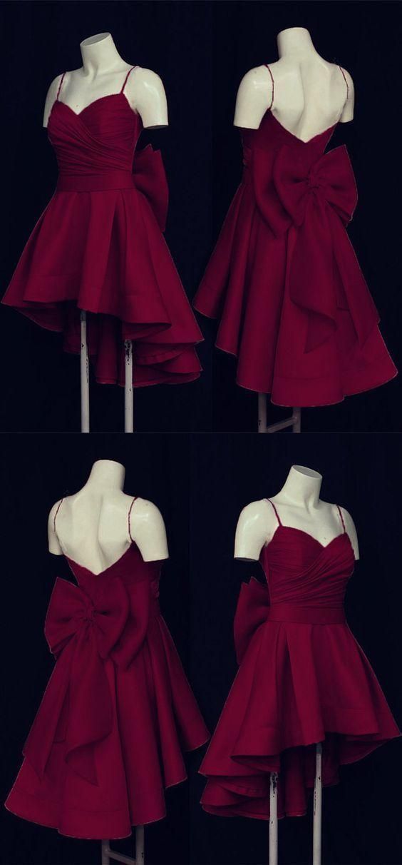 Burgundy A-Line Spaghetti Straps Satin Back With Bow Short Homecoming Dress 18th Birthday Outfits - FashionDia