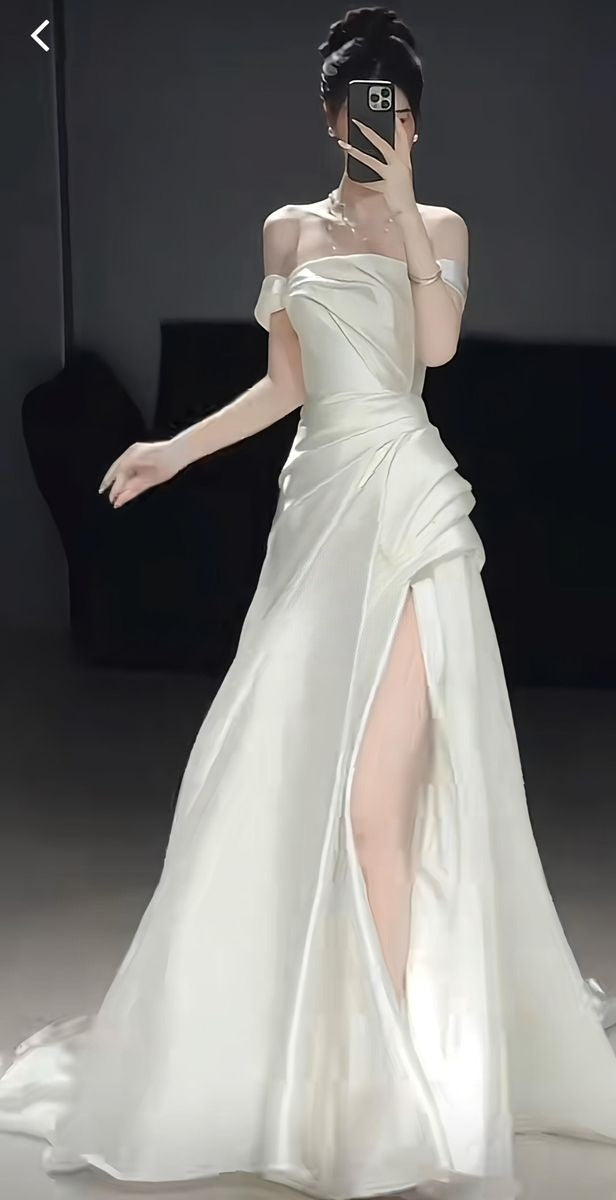 Elegant A Line Off The Shoulder Satin Slit Pleated Long Wedding Dresses