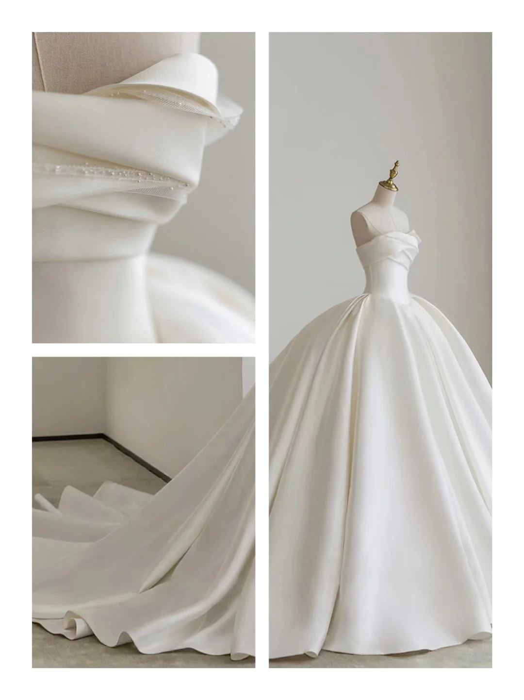 Timeless Ball Gown Strapless Satin Tulle Beads Long Wedding Dresses