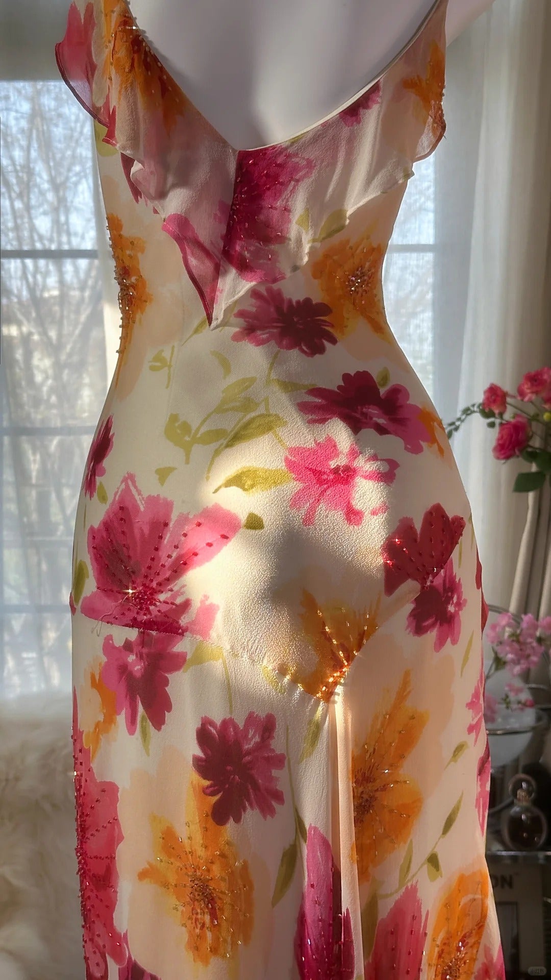 Sexy Mermaid Spaghetti Straps Chiffon Printed Flowers Beads Long Prom Dresses Formal Dress - View 3 | FashionDia