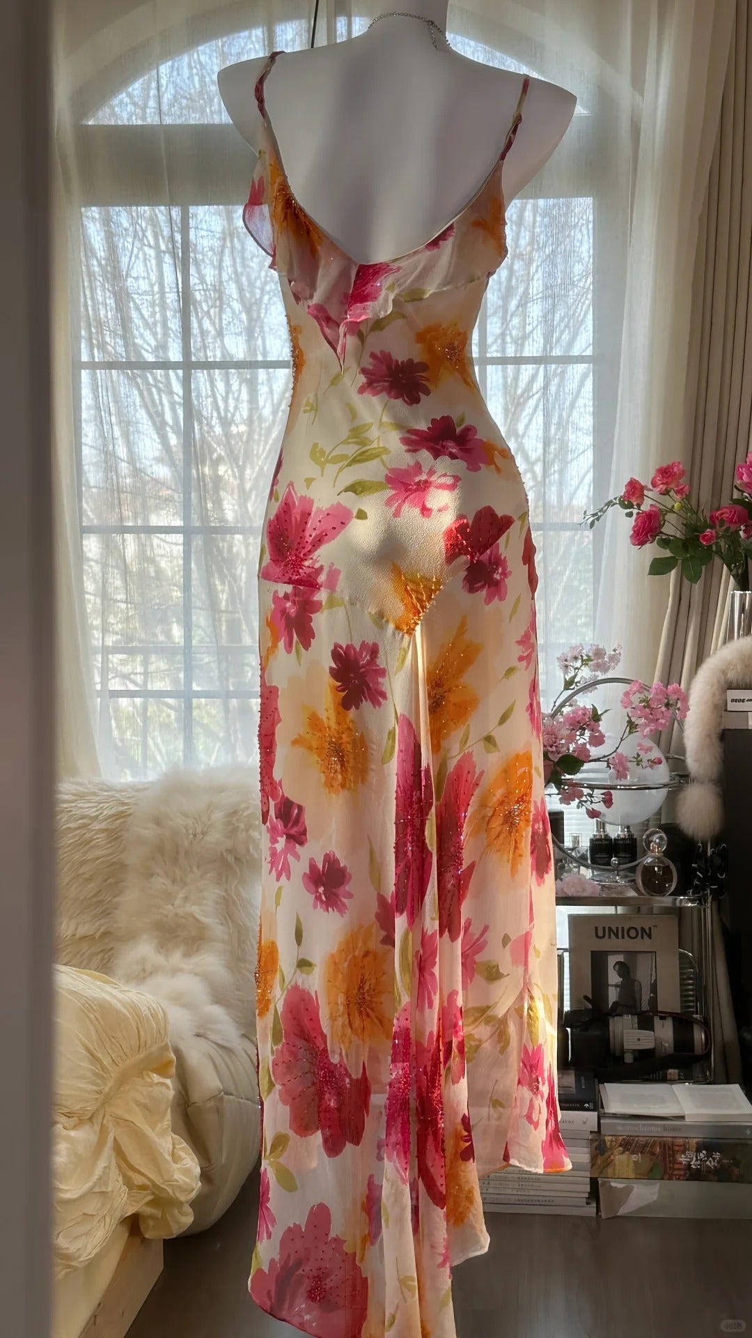 Sexy Mermaid Spaghetti Straps Chiffon Printed Flowers Beads Long Prom Dresses Formal Dress - View 7 | FashionDia
