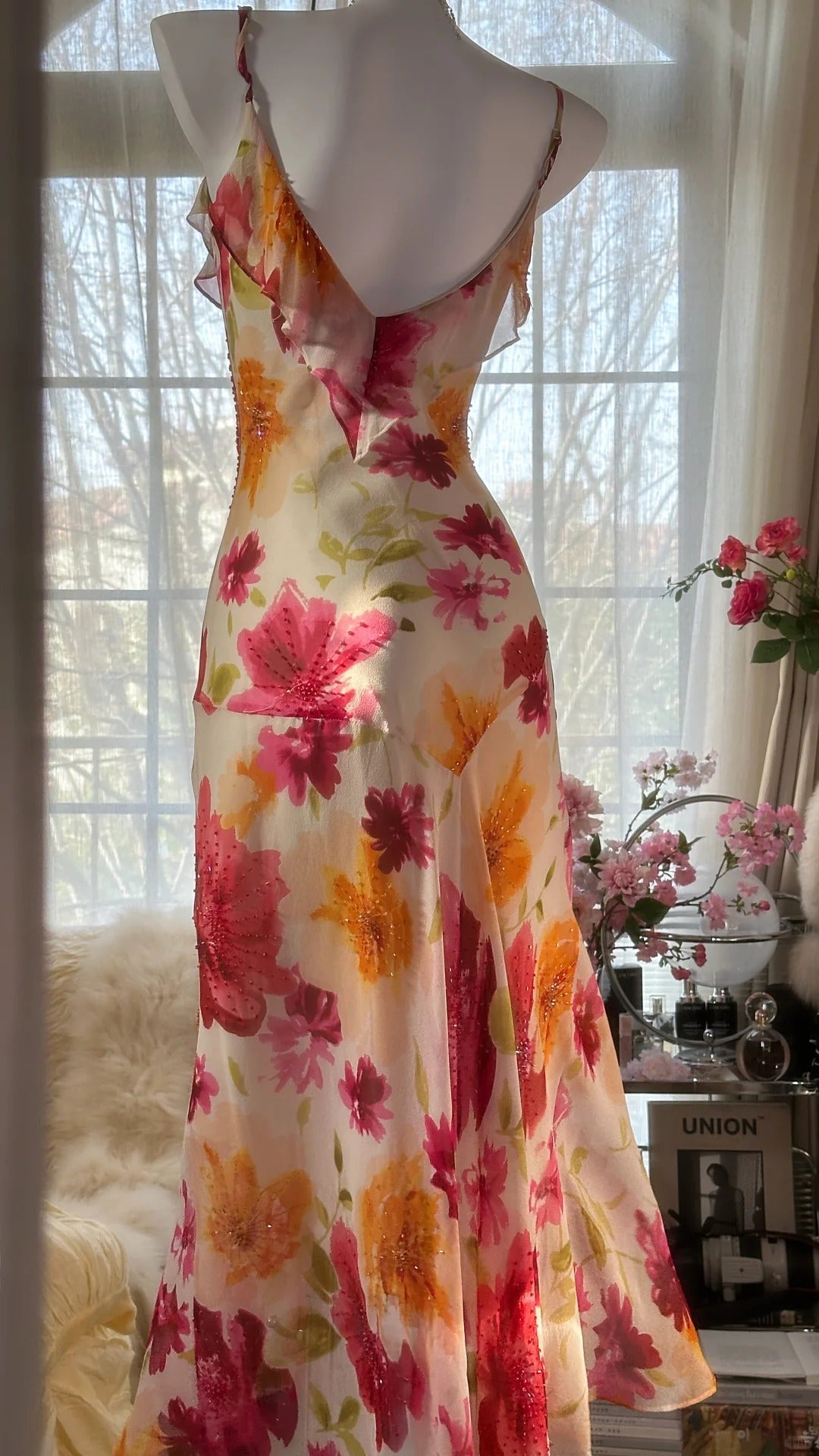 Sexy Mermaid Spaghetti Straps Chiffon Printed Flowers Beads Long Prom Dresses Formal Dress - View 9 | FashionDia
