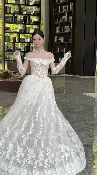 French Tender Ball Gown Off The Shoulder Tulle Lace With Sleeves Long Wedding Dresses